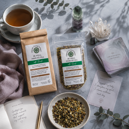 Be Well Immuni-Tea – Organic Crystal-Infused Tea with Fluorite arranged in a serene, cool-toned wellness flat lay with both tea sizes, loose herbal blend, ceramic teacup, journal, crystal, and mindful ritual elements, creating an inspiring daily self-care scene — for Carpe Diem Dream
