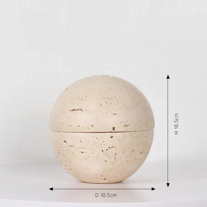 A beige travertine sphere incense burner displayed with size dimensions on a white background showing natural stone texture. — for Carpe Diem Dream