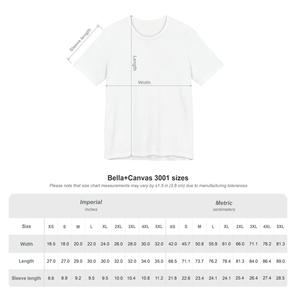 Bella+Canvas 3001 unisex jersey short sleeve T-shirt size chart with garment measurements. — for Carpe Diem Dream