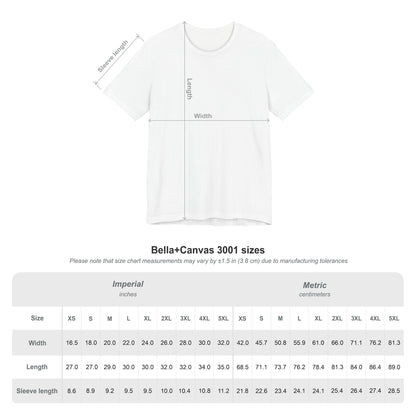Bella+Canvas 3001 unisex jersey T-shirt size chart showing width, length, and sleeve measurements in imperial and metric sizes from XS through 5XL. — for Carpe Diem Dream