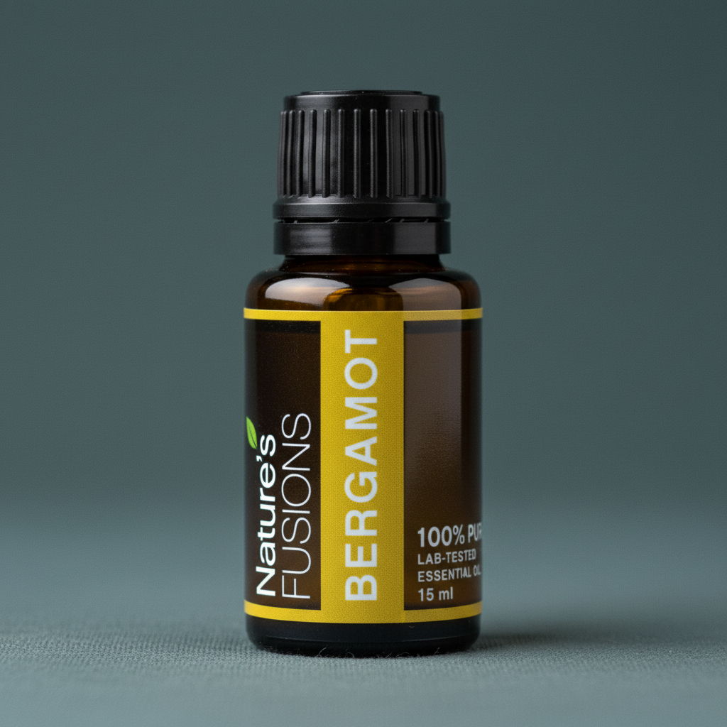 A close-up of a 15ml amber glass bottle of Bergamot essential oil with a black ribbed cap and yellow label displayed on a muted teal surface. — for Carpe Diem Dream