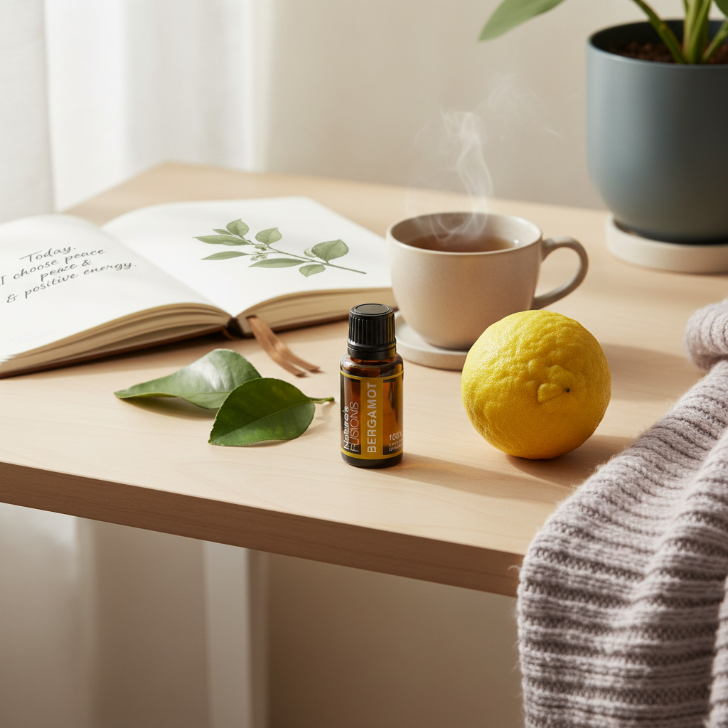 A 15ml bottle of Bergamot essential oil displayed on a wooden table beside a whole lemon, green leaves, a steaming cup, and an open notebook near a window. — for Carpe Diem Dream