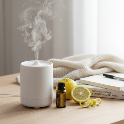 A white diffuser releasing steam beside a 15ml bottle of Bergamot essential oil, sliced lemon, and a notebook on a wooden table near a window. — for Carpe Diem Dream