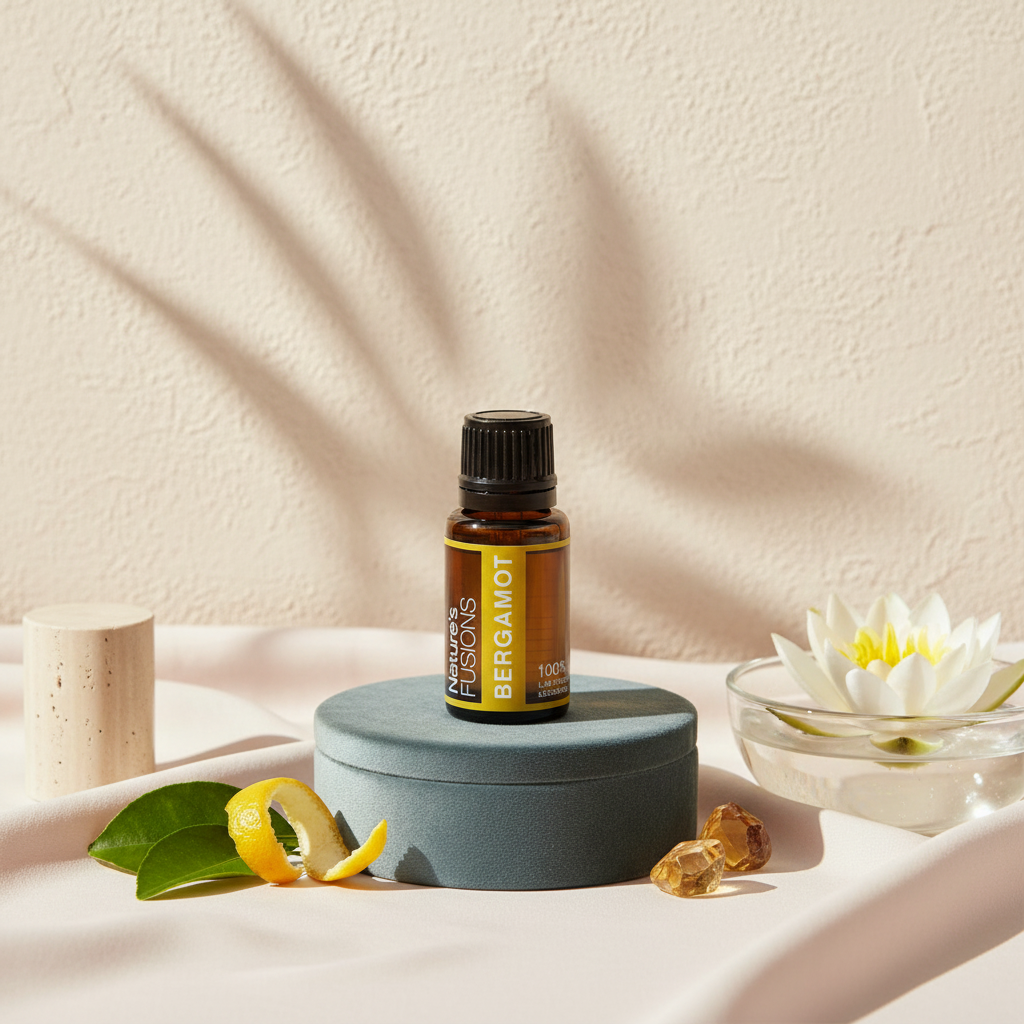 A 15ml amber glass bottle of Bergamot essential oil displayed on a pedestal with fresh citrus peel, green leaves, crystals, and a white flower on a neutral surface. — for Carpe Diem Dream
