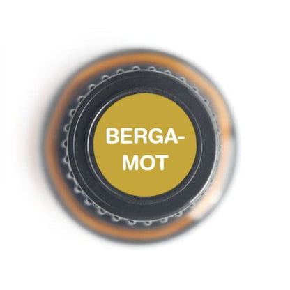 Top view of a 15ml Bergamot essential oil bottle cap with a yellow label reading “BERGA-MOT” on a white background. — for Carpe Diem Dream