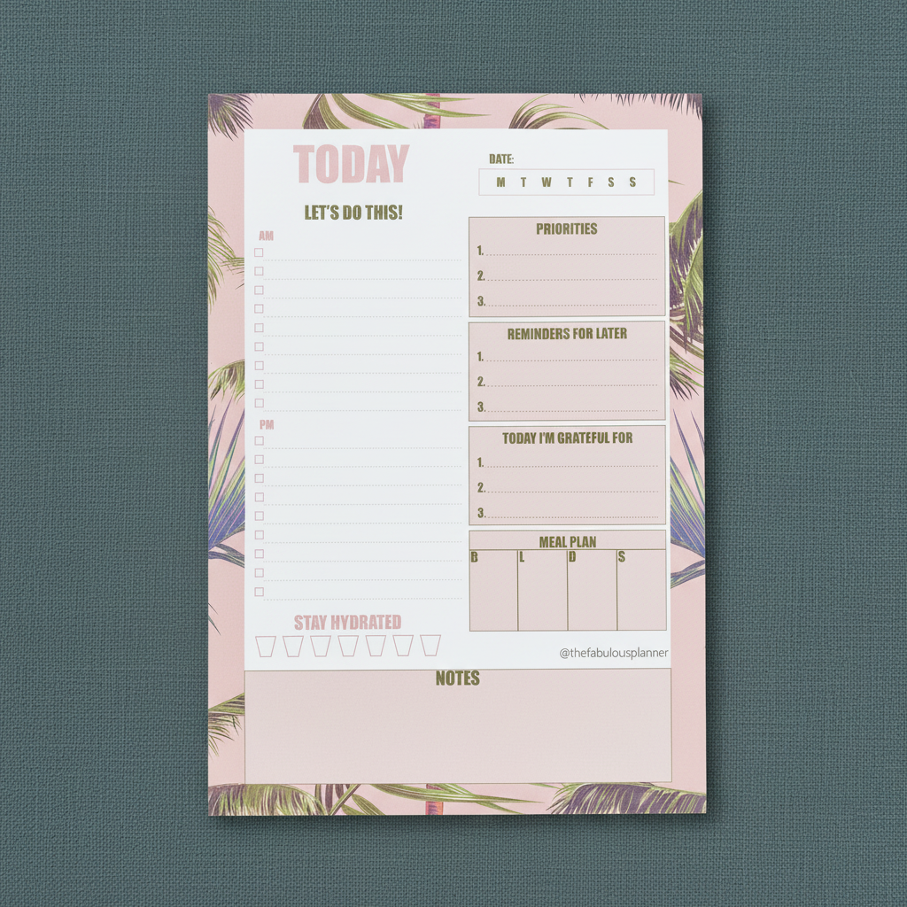 Large 7x10 pink tropical leaves daily planner notepad with structured sections for priorities, reminders, gratitude, meal planning, water tracking, and notes displayed upright on a muted teal textured background — for Carpe Diem Dream