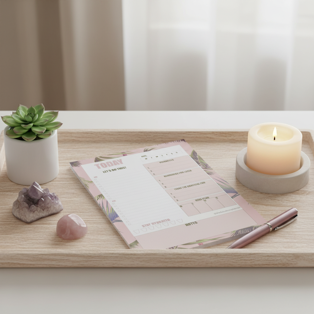 Pink tropical leaves 7x10 daily planner notepad styled on a wooden tray with a candle, succulent, and crystals in soft natural light — for Carpe Diem Dream