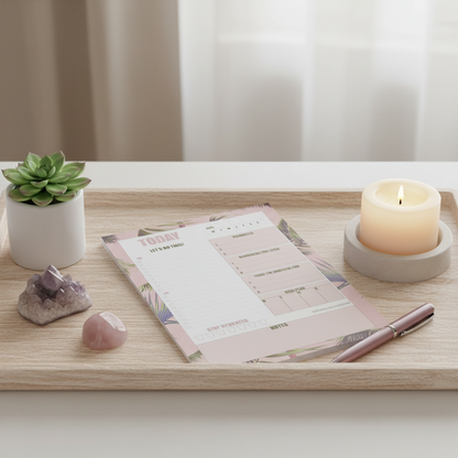 Pink tropical leaves 7x10 daily planner notepad styled on a wooden tray with a candle, succulent, and crystals in soft natural light — for Carpe Diem Dream