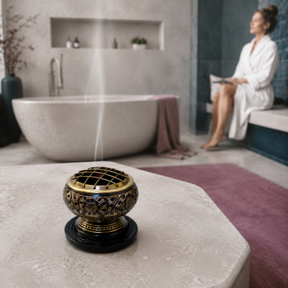 Close-up black-and-antique-gold brass resin incense burner on a pale stone spa console with a softly focused soaking tub, dark teal accents, mauve textiles, and a woman relaxing in the background. — for Carpe Diem Dream
