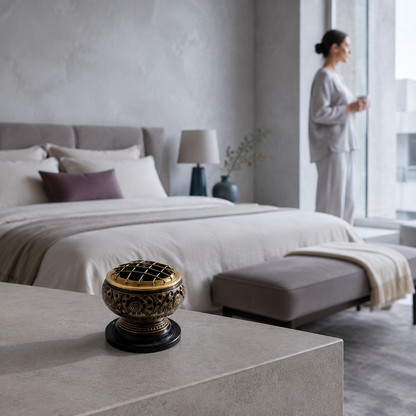Black-and-antique-gold brass resin incense burner in a cool stone bedroom sanctuary with light greige bedding, cool taupe upholstery, medium stone accents, and restrained dark teal and deep mauve details. — for Carpe Diem Dream.