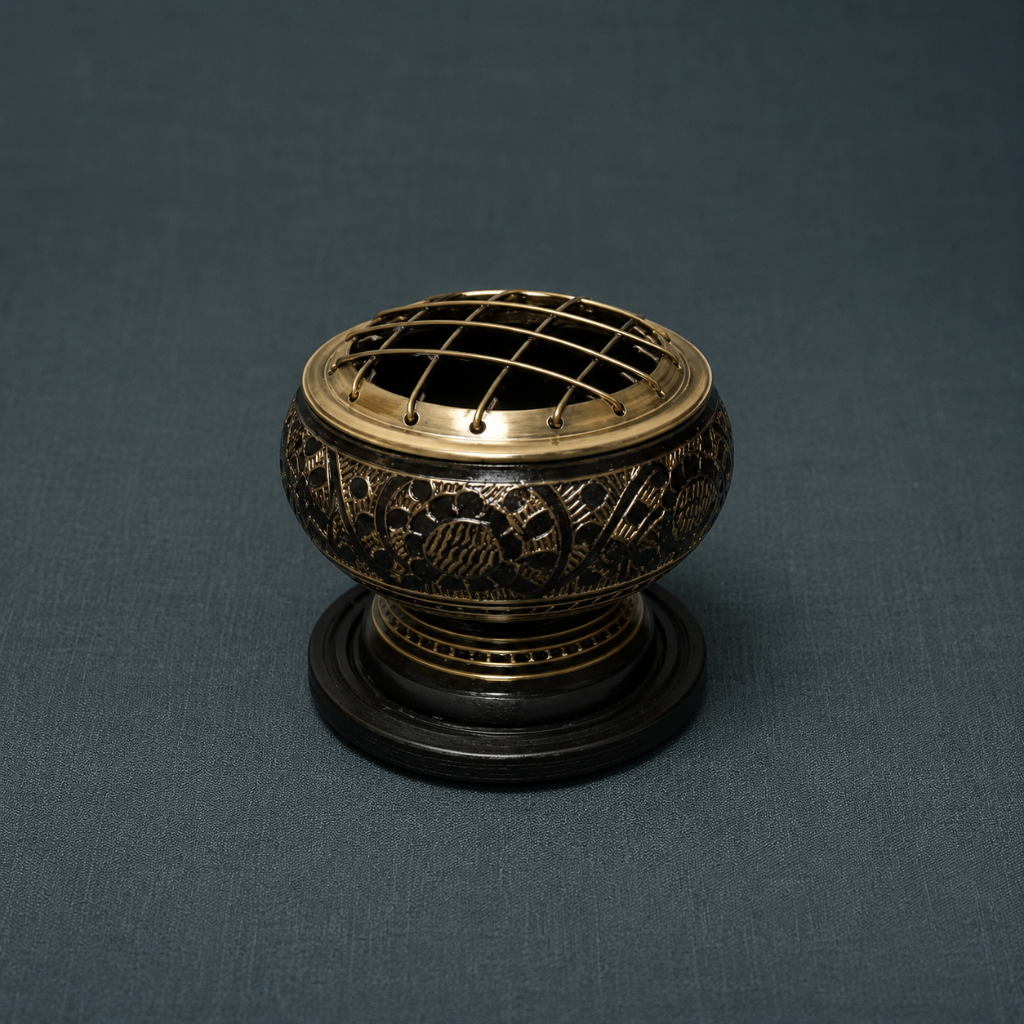 Black-and-antique-gold brass resin incense burner with a domed grid screen and black wooden coaster on a textured dark teal linen backdrop. — for Carpe Diem Dream