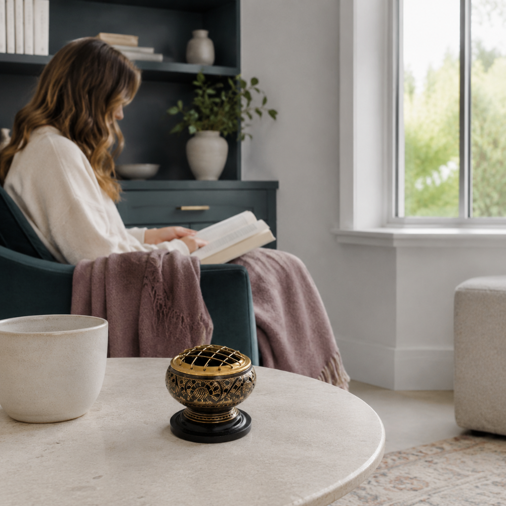 Black-and-antique-gold brass resin incense burner displayed unlit on a pale stone table in a cool-toned reading nook with a dark teal chair and mauve textiles. — for Carpe Diem Dream