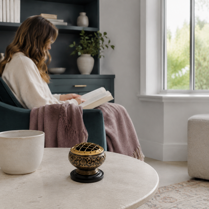 Black-and-antique-gold brass resin incense burner displayed unlit on a pale stone table in a cool-toned reading nook with a dark teal chair and mauve textiles. — for Carpe Diem Dream