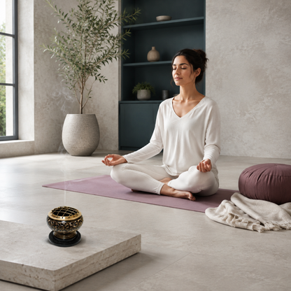Black-and-antique-gold brass resin incense burner supporting a peaceful meditation practice in a cool-toned room with a mauve yoga mat, dark teal cabinetry, and pale stone surfaces. — for Carpe Diem Dream