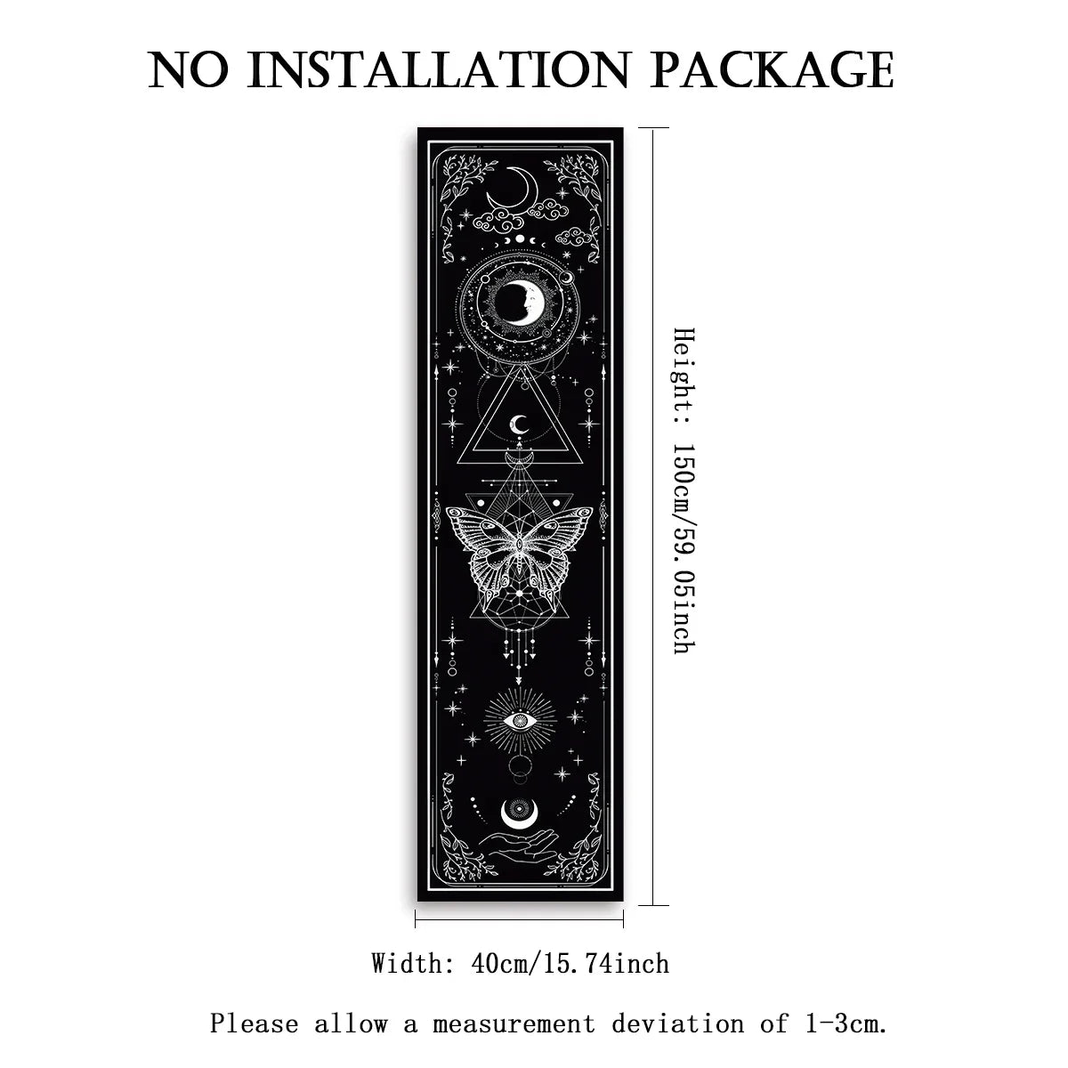Black celestial butterfly banner tapestry supplier image showing geometric sun and moon design with labeled dimensions of 59.06 inches height and 15.74 inches width on a white background. — for Carpe Diem Dream