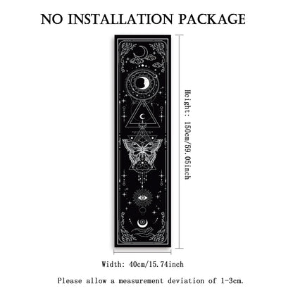 Black celestial butterfly banner tapestry supplier image showing geometric sun and moon design with labeled dimensions of 59.06 inches height and 15.74 inches width on a white background. — for Carpe Diem Dream