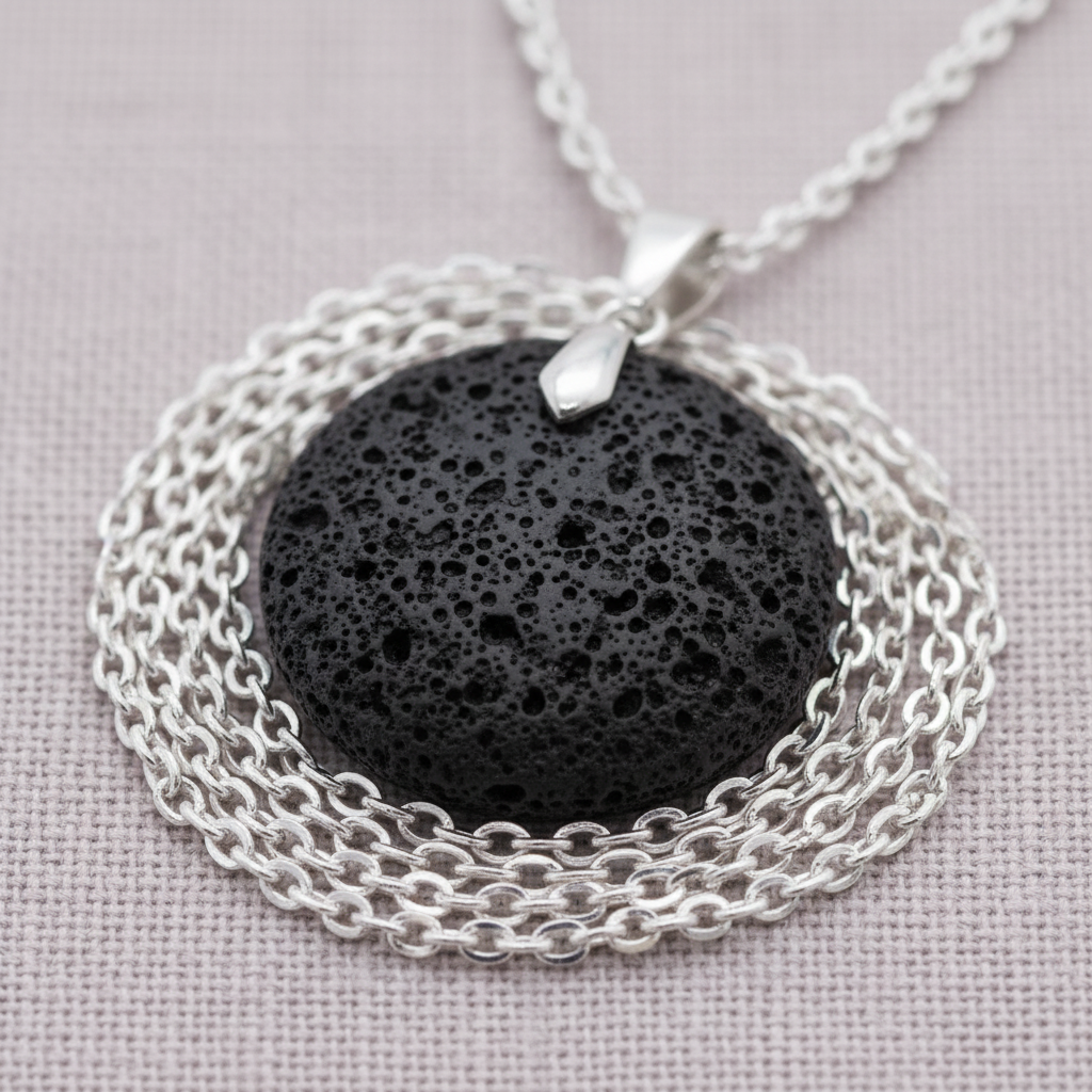 A close-up view of a round black lava stone essential oil necklace showing the porous volcanic texture and silver chain detail. — for Carpe Diem Dream