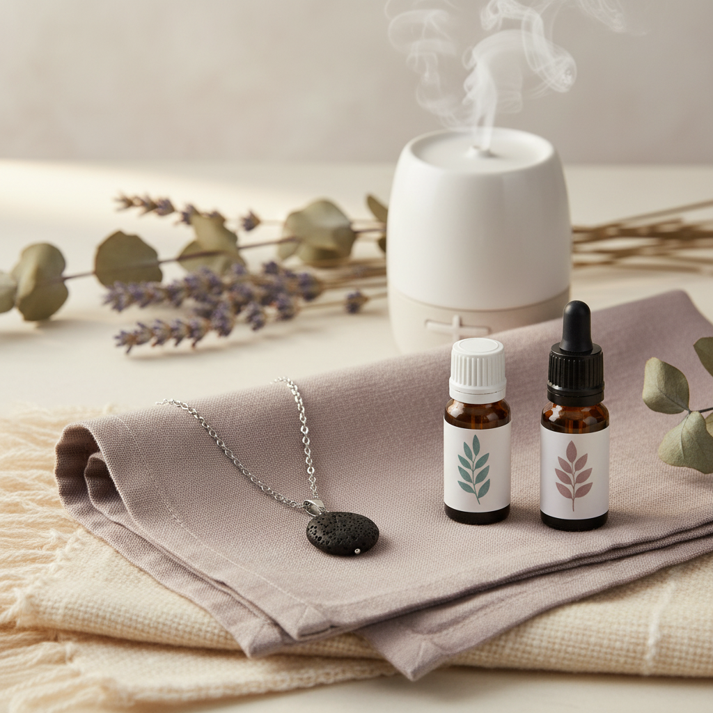 A round black lava stone essential oil necklace resting on folded linen beside small essential oil bottles and a steaming diffuser in the background. — for Carpe Diem Dream