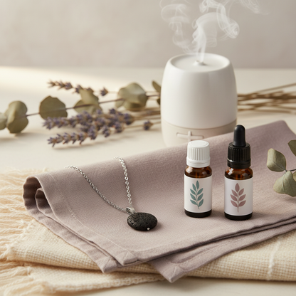 A round black lava stone essential oil necklace resting on folded linen beside small essential oil bottles and a steaming diffuser in the background. — for Carpe Diem Dream