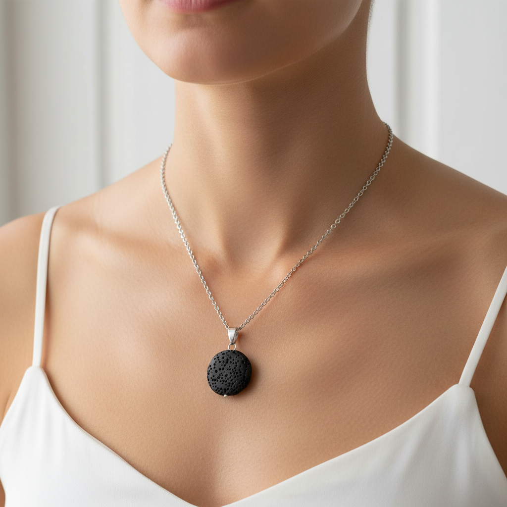 A woman wearing a round black lava stone essential oil necklace on a silver chain resting at heart center. — for Carpe Diem Dream