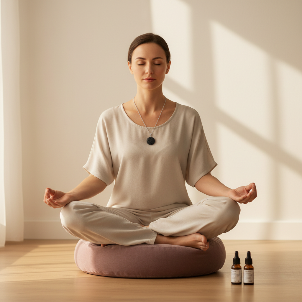A woman meditating while wearing a round black lava stone essential oil necklace with small essential oil bottles nearby on the floor. — for Carpe Diem Dream