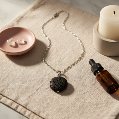 A round black lava stone essential oil necklace resting on linen beside an amber oil bottle, candle, and small dish in a soft ritual setting. — for Carpe Diem Dream