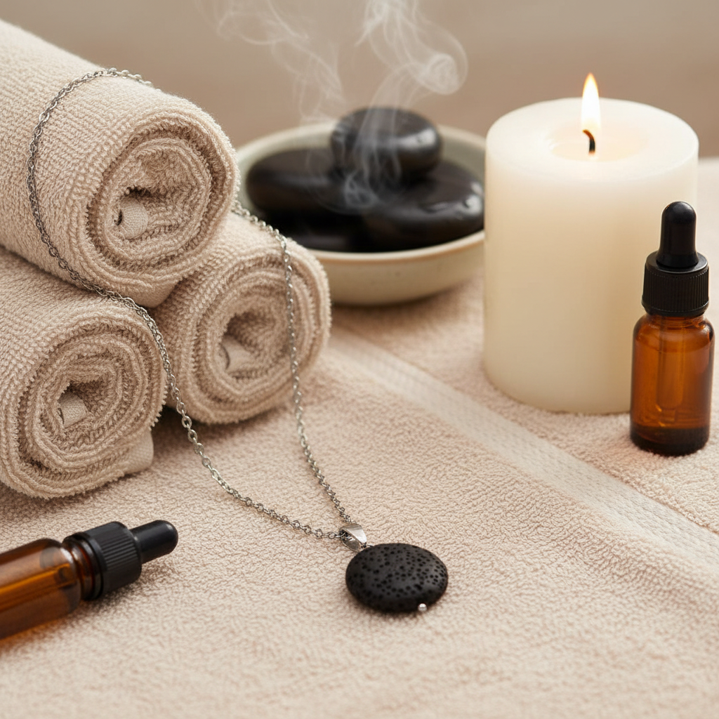 A round black lava stone essential oil necklace resting on soft spa towels beside an amber oil bottle, lit candle, and warm steam in a calming setting. — for Carpe Diem Dream