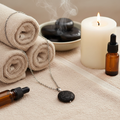 A round black lava stone essential oil necklace resting on soft spa towels beside an amber oil bottle, lit candle, and warm steam in a calming setting. — for Carpe Diem Dream