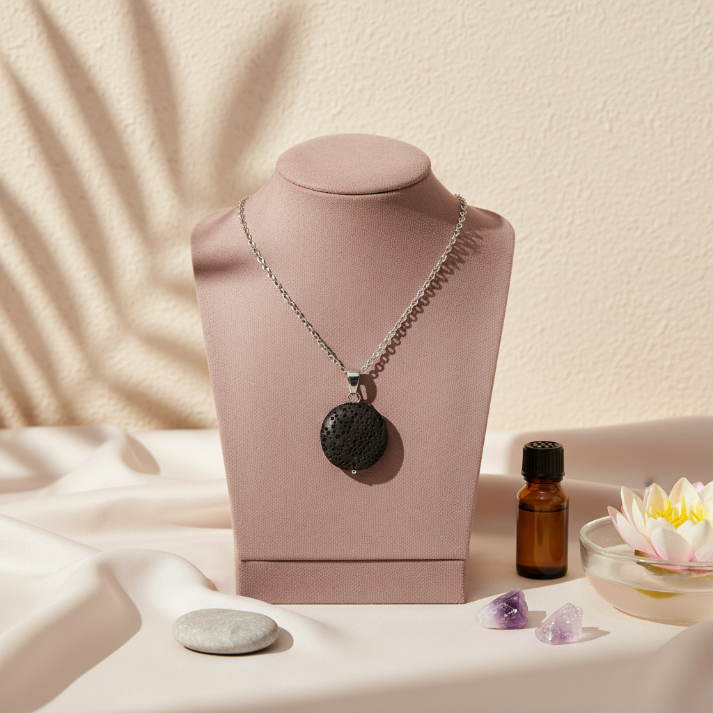 A round black lava stone essential oil necklace displayed on a blush jewelry stand with an amber oil bottle, crystal accents, and a lotus bowl on a soft neutral surface. — for Carpe Diem Dream