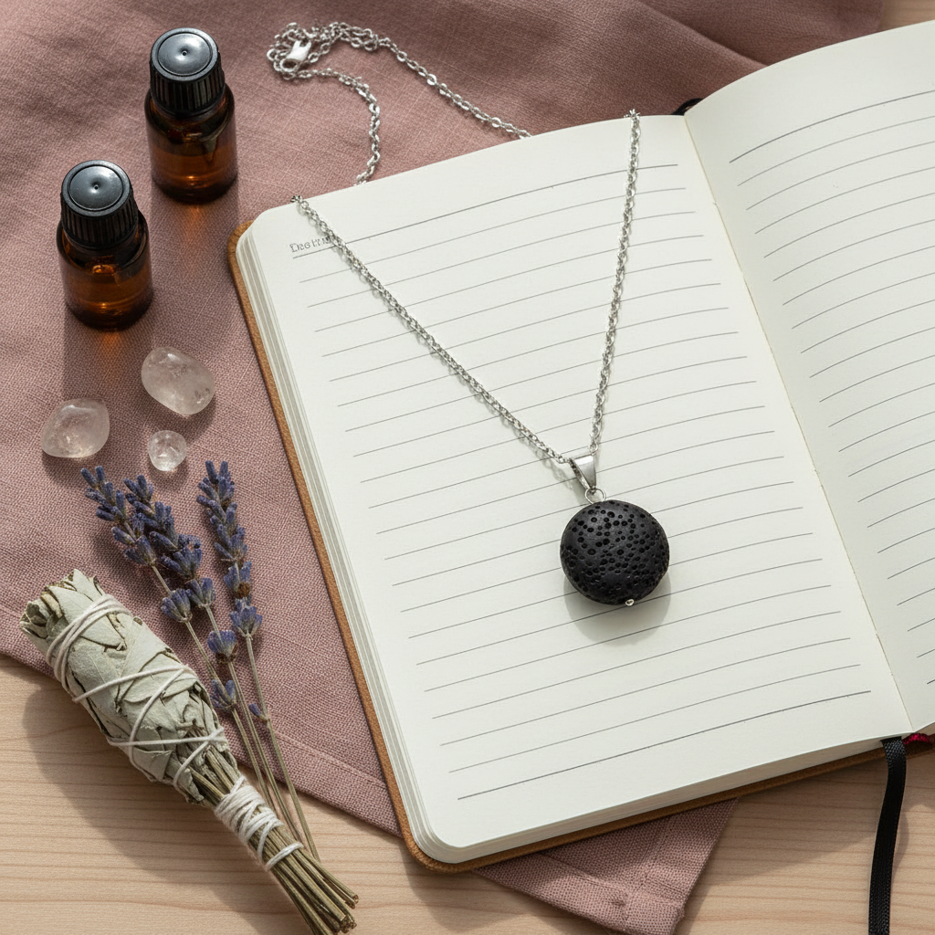 A round black lava stone essential oil necklace resting on an open journal beside small essential oil bottles, crystals, and dried lavender. — for Carpe Diem Dream