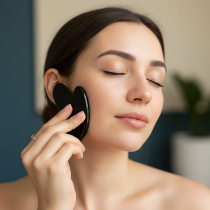 A woman gently using a black obsidian gua sha facial tool on her cheek with eyes closed in a calm skincare setting. — for Carpe Diem Dream