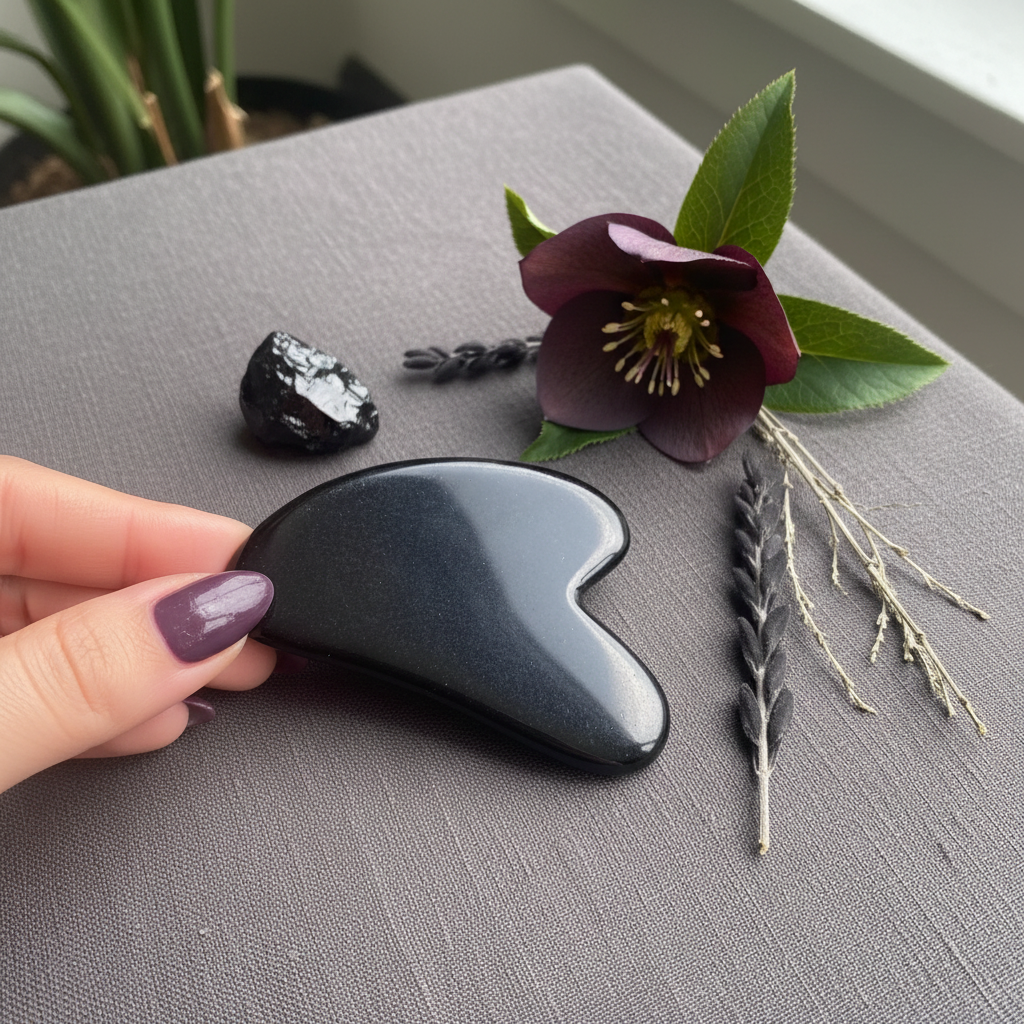 A hand holding a black obsidian gua sha facial tool on a textured surface with a flower and botanical accents nearby. — for Carpe Diem Dream