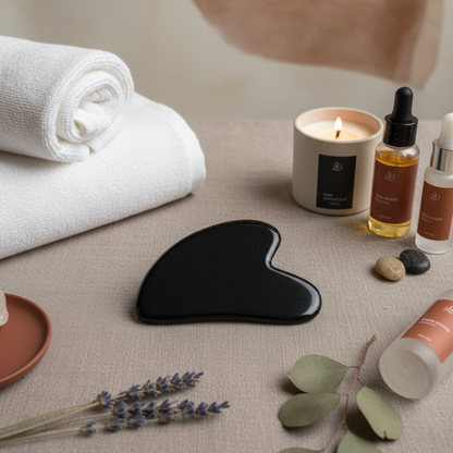 A black obsidian gua sha facial tool resting on a soft surface beside rolled towels, a candle, and skincare bottles in a calm spa setting. — for Carpe Diem Dream