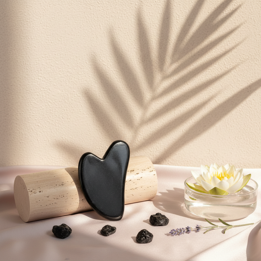 A black obsidian gua sha facial tool displayed on a soft neutral surface with a glass bowl holding a floating flower, small stones, and botanical shadows in the background. — for Carpe Diem Dream
