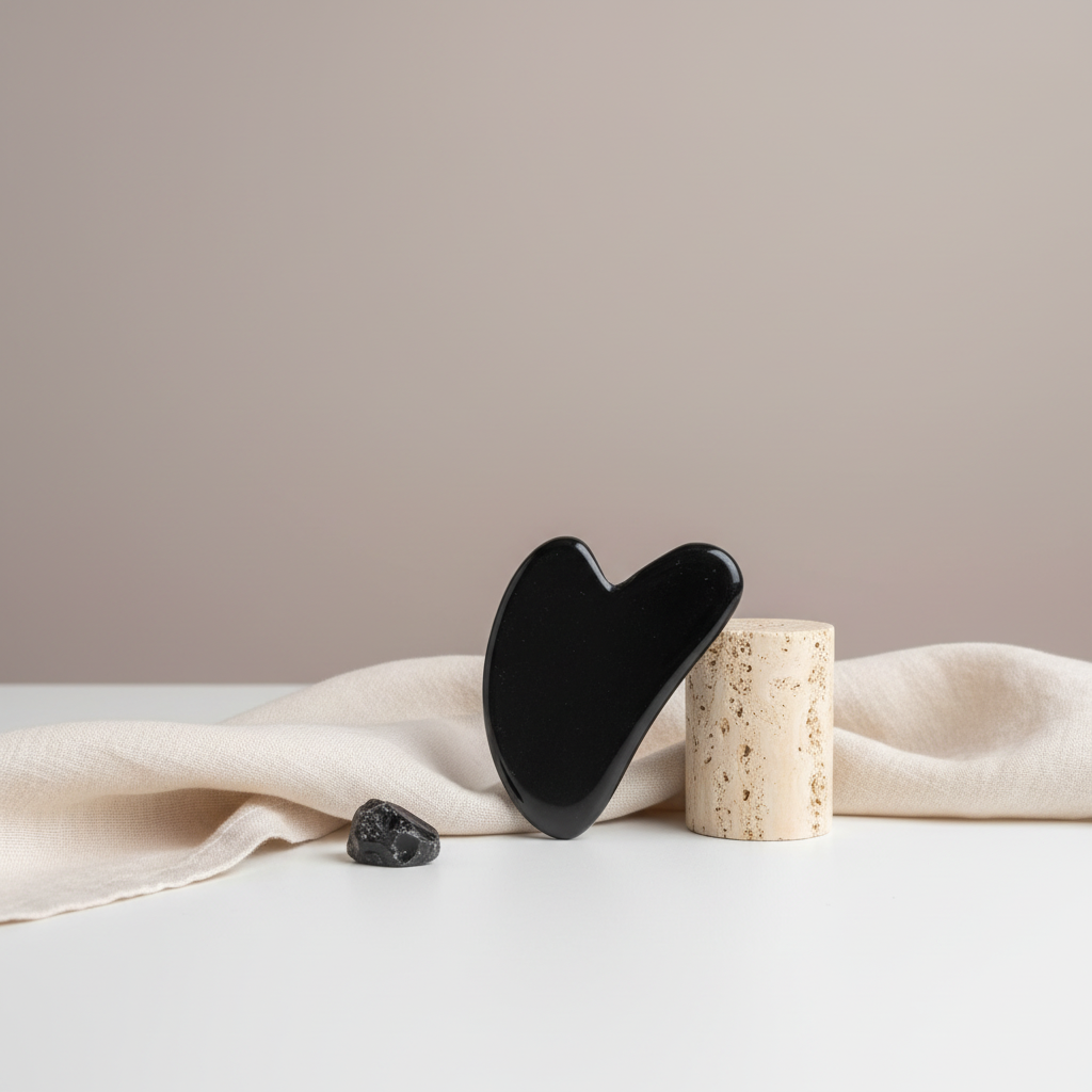 A black obsidian gua sha facial tool displayed on a soft neutral surface with a folded fabric and a small stone accent. — for Carpe Diem Dream