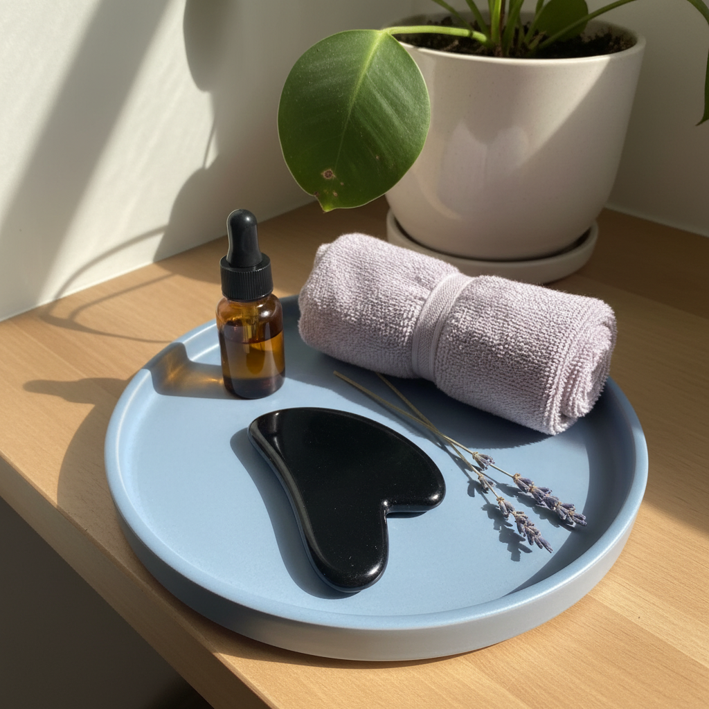 A black obsidian gua sha facial tool placed on a tray with a dropper bottle, towel, and dried lavender beside a plant in soft natural light. — for Carpe Diem Dream