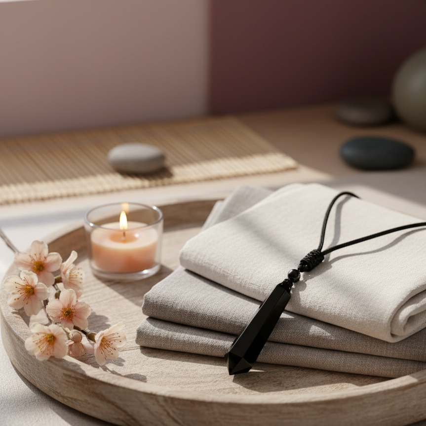 Black obsidian protection talisman resting on folded towels in a serene zen meditation setting with soft candlelight and cherry blossoms. — for Carpe Diem Dream