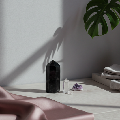 Black Tourmaline crystal point styled with quartz crystals, folded linens, and botanical shadows in soft editorial lighting. — for Carpe Diem Dream