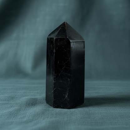 Polished Black Tourmaline crystal point displayed on deep teal textured fabric with soft editorial lighting. — for Carpe Diem Dream