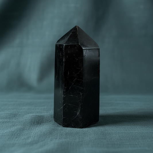 Polished Black Tourmaline crystal point displayed on deep teal textured fabric with soft editorial lighting. — for Carpe Diem Dream
