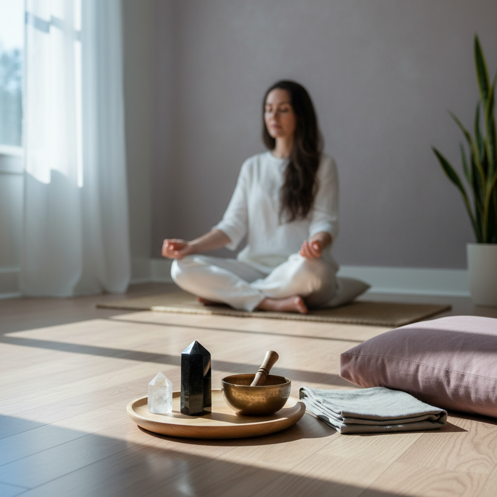 Black Tourmaline crystal point styled beside a singing bowl and quartz crystal in a serene meditation space with soft natural lighting. — for Carpe Diem Dream