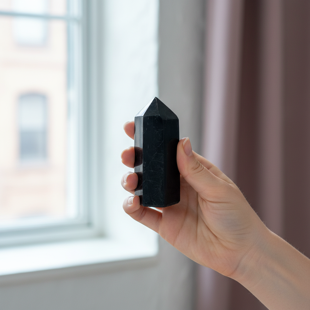 Hand holding a polished Black Tourmaline crystal point near a softly lit window to demonstrate true-to-size scale. — for Carpe Diem Dream