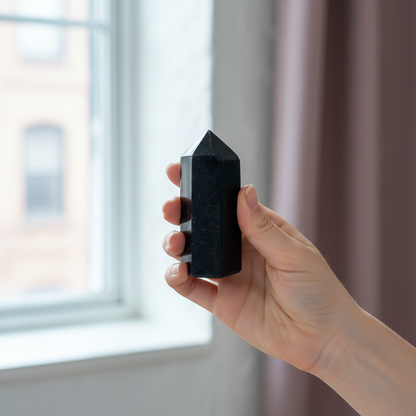 Hand holding a polished Black Tourmaline crystal point near a softly lit window to demonstrate true-to-size scale. — for Carpe Diem Dream