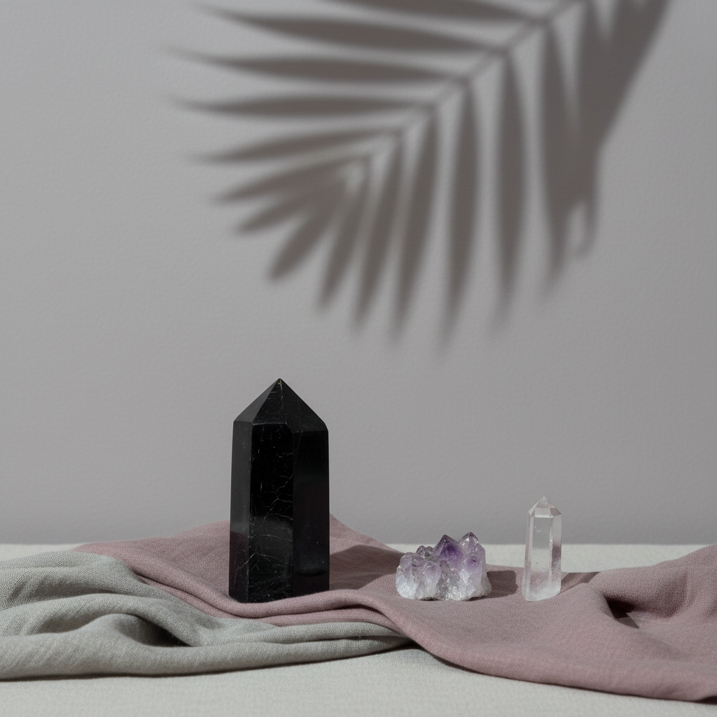 Black Tourmaline crystal point styled with soft linen fabric, amethyst cluster, and quartz point beneath botanical shadows. — for Carpe Diem Dream