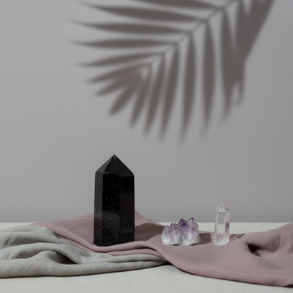 Black Tourmaline crystal point styled with soft linen fabric, amethyst cluster, and quartz point beneath botanical shadows. — for Carpe Diem Dream