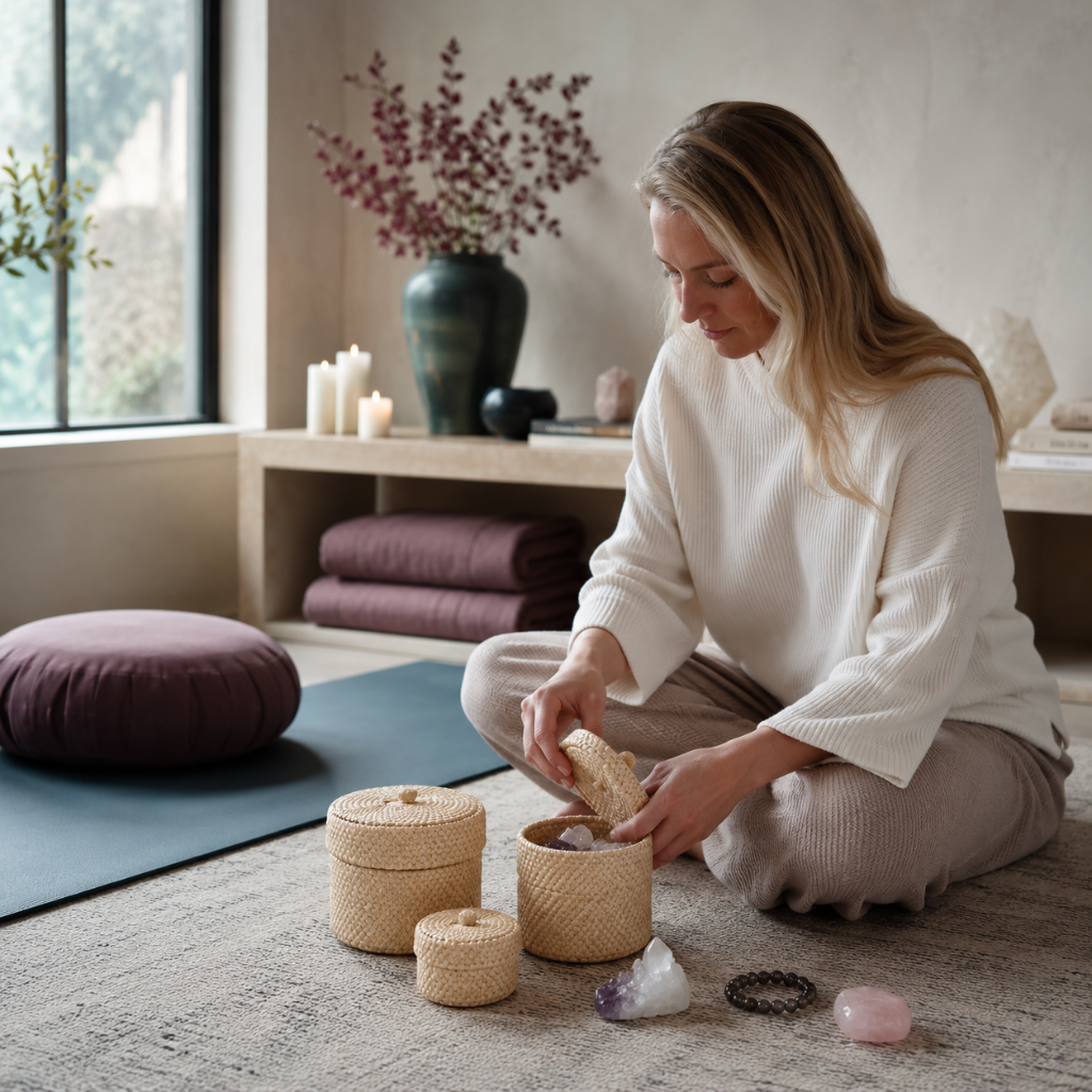 Blonde small storage basket set shown in use in a meditation room with crystals, mala beads, and small ritual essentials. — for Carpe Diem Dream