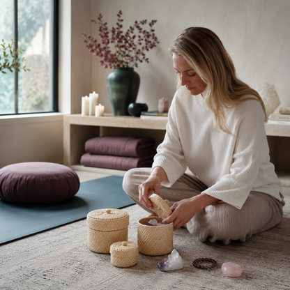 Blonde small storage basket set shown in use in a meditation room with crystals, mala beads, and small ritual essentials. — for Carpe Diem Dream