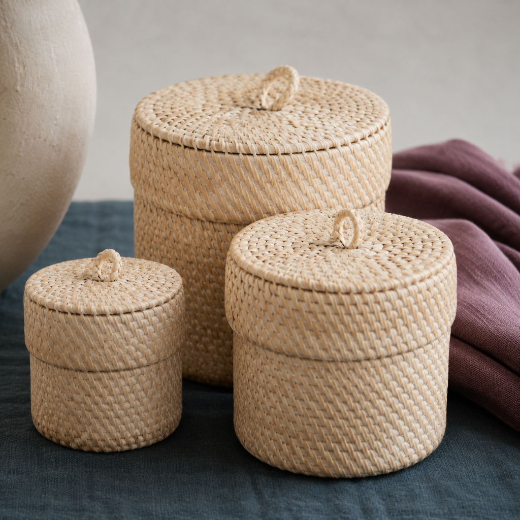 Close-up of blonde small storage basket set showing handmade pandanus leaf weaving, lidded construction, and natural texture. — for Carpe Diem Dream