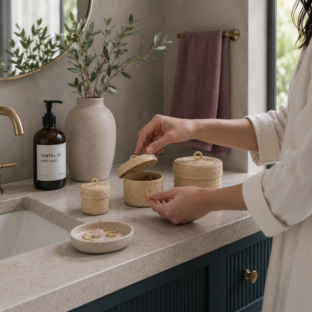 Blonde small storage basket set shown in use on a bathroom vanity as a lid is lifted and jewelry is placed inside for scale. — for Carpe Diem Dream
