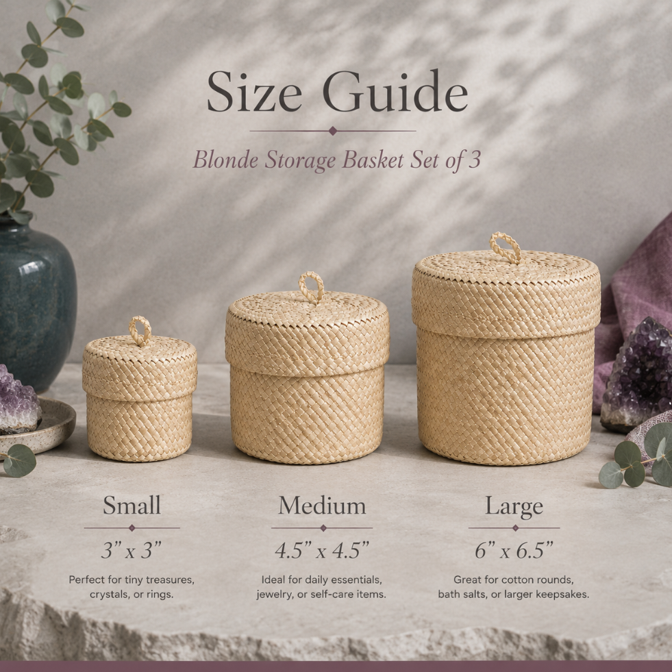 Blonde small storage basket set size guide showing small, medium, and large pandanus leaf baskets with dimensions and suggested uses. — for Carpe Diem Dream